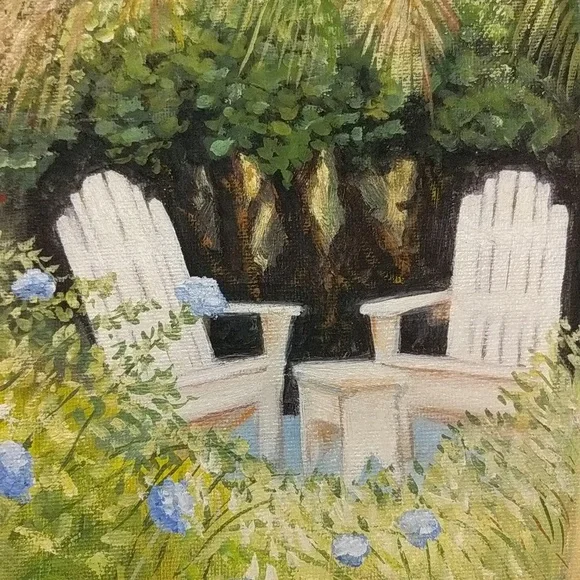 Original Oil Painting Adirondack Chairs in Lush Foliage including